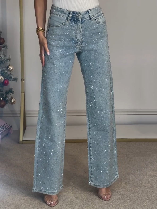 High-Waist Diamanté Straight Jeans