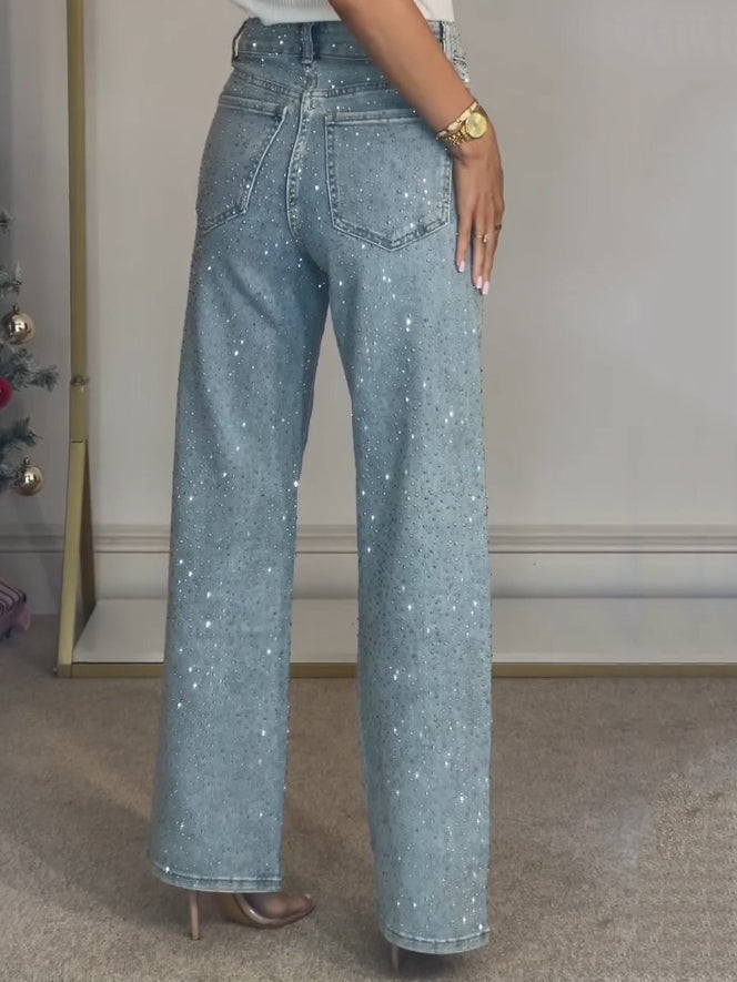 High-Waist Diamanté Straight Jeans
