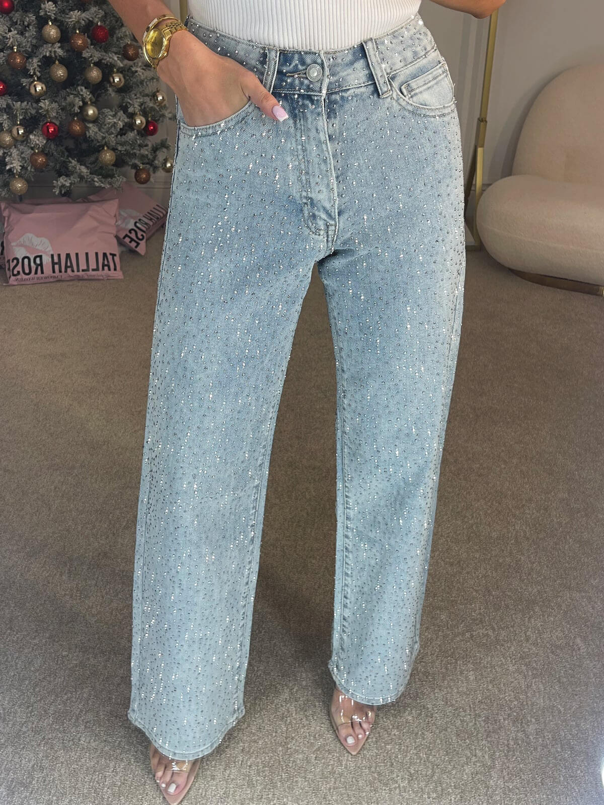 High-Waist Diamanté Straight Jeans