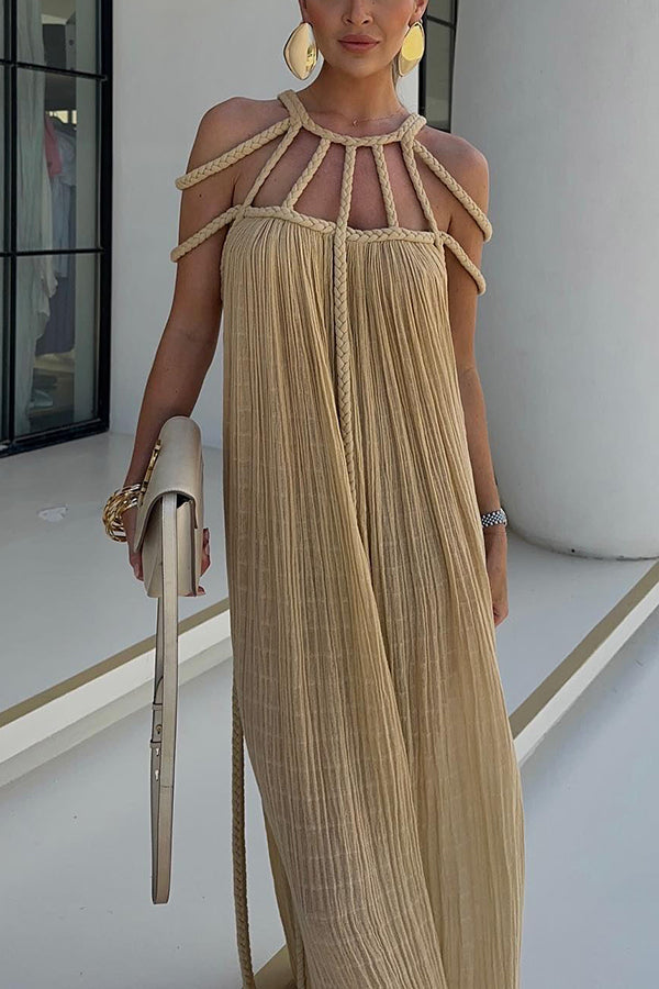 Linen Blend Draped Braids Cover Up Maxi Dress