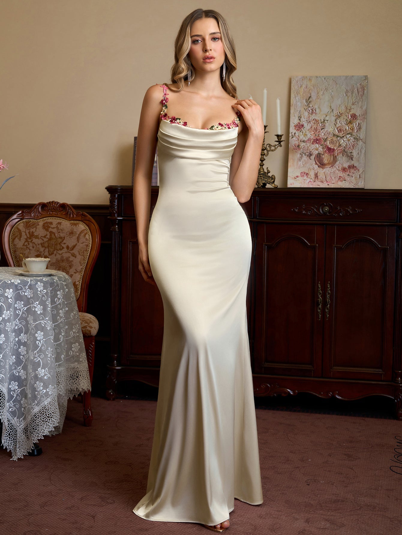Embellished Strap Tie Back Satin Bodycon Dress