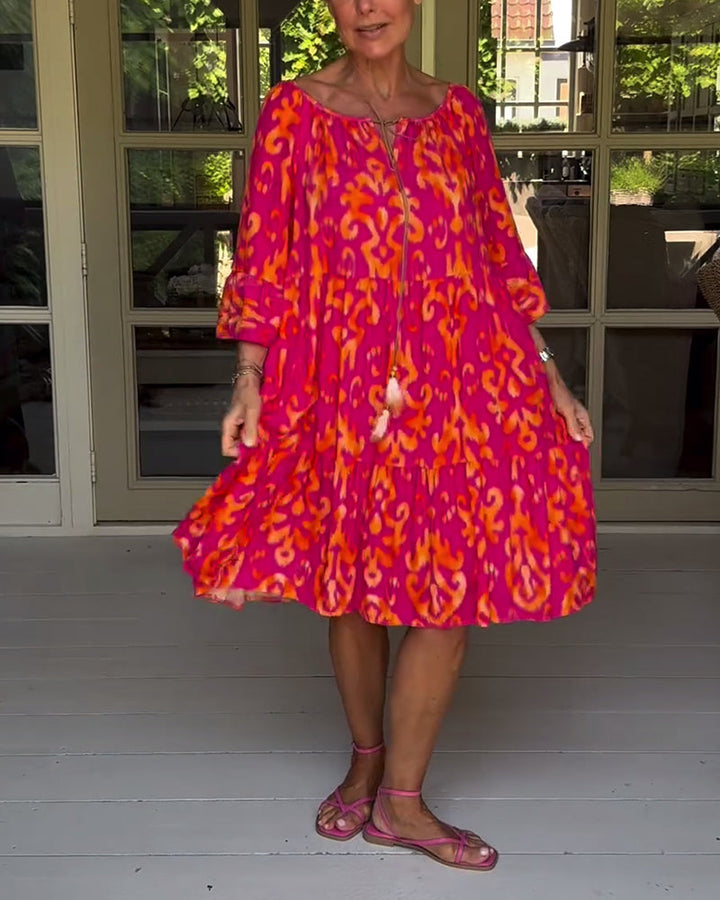 Red Print Three-Quarter Sleeve Dress