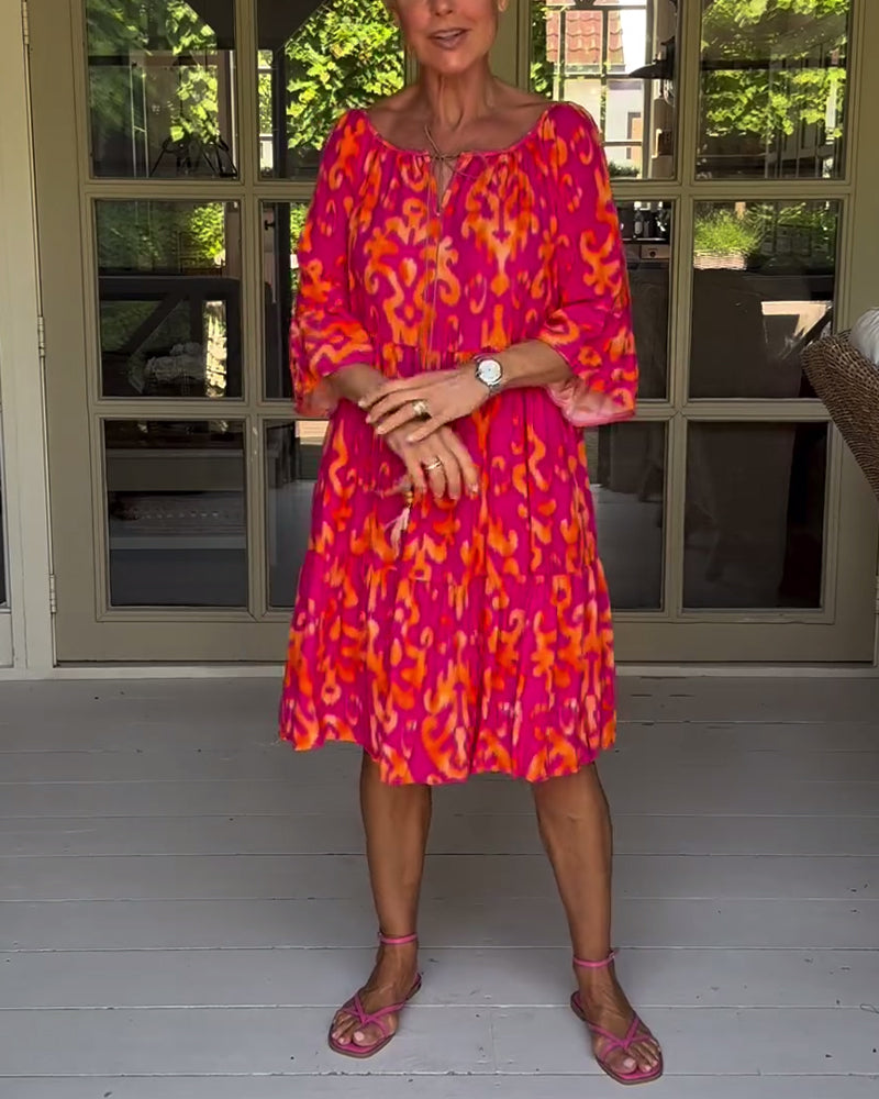 Red Print Three-Quarter Sleeve Dress