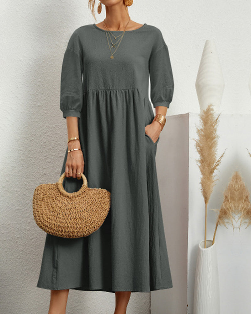 Solid-Colored Cotton and Linen Dress