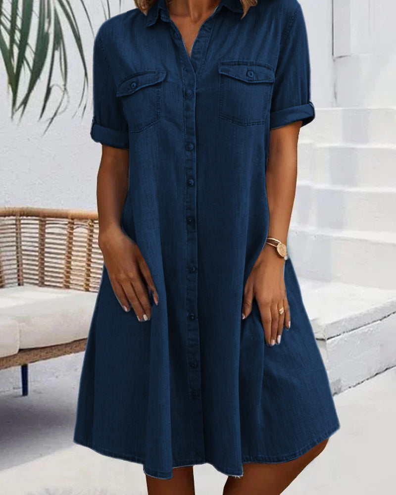 Short Sleeve Collar Solid Button Dress