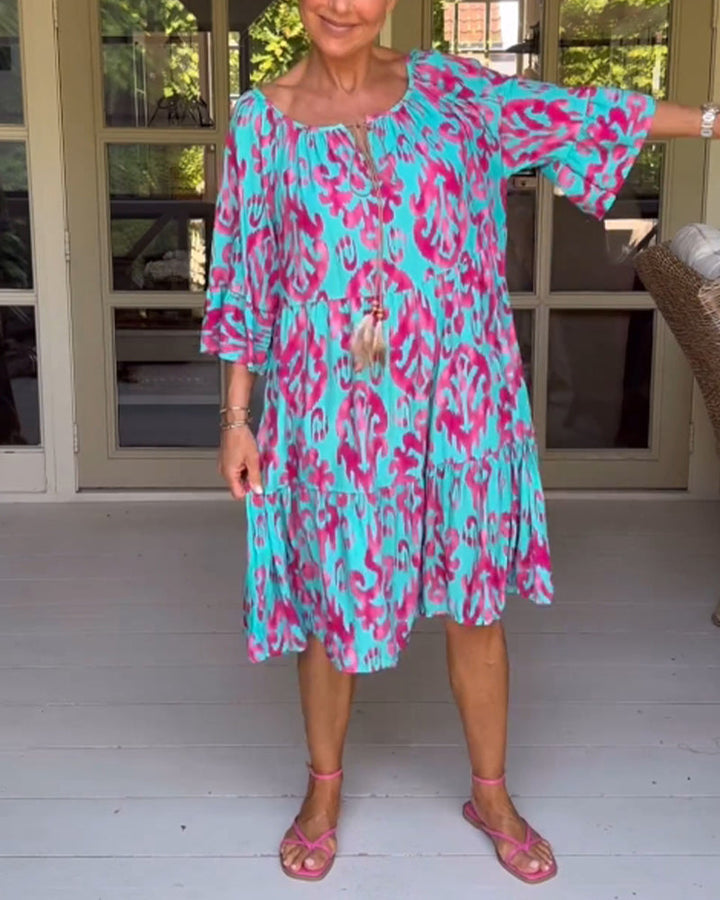 Red Print Three-Quarter Sleeve Dress