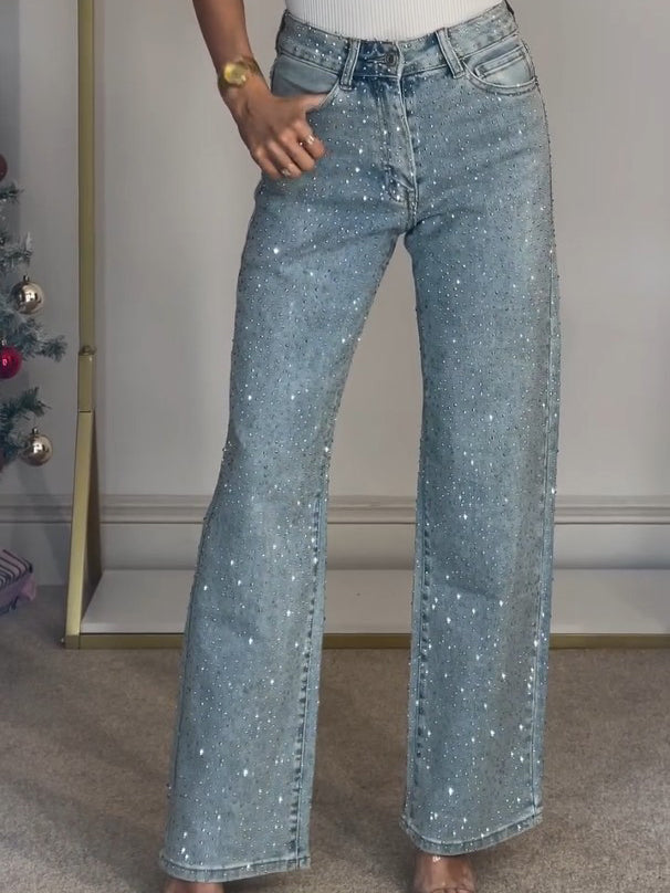 High-Waist Diamanté Straight Jeans