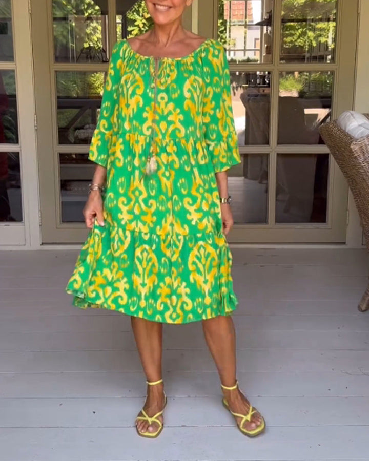 Red Print Three-Quarter Sleeve Dress