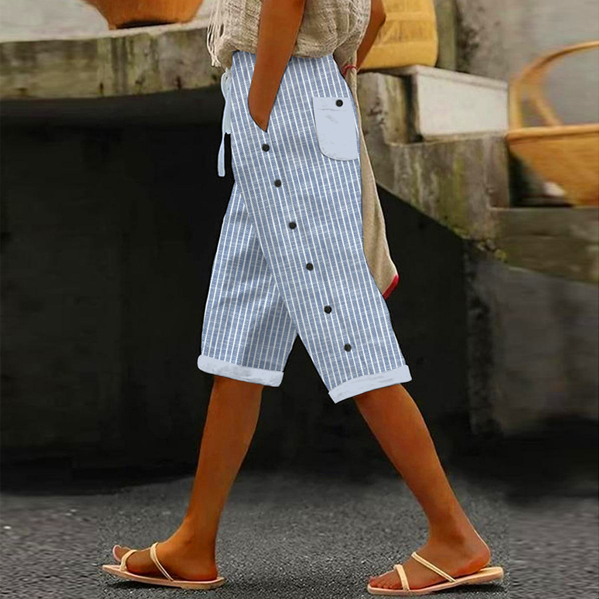 Fresh Blue Striped Print Side Pocket Pants