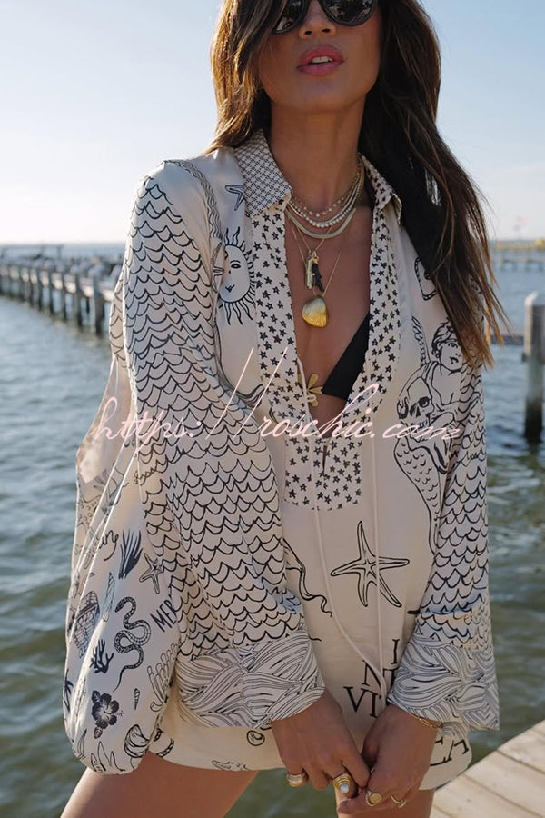 Live By Water Satin Unique Letter Print Tassle Shirt and Elastic Waist Shorts Set (Shipped Within 24 Hours)