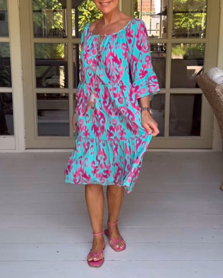 Red Print Three-Quarter Sleeve Dress