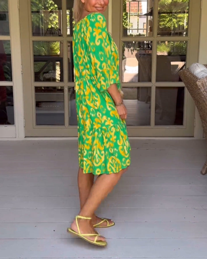 Red Print Three-Quarter Sleeve Dress