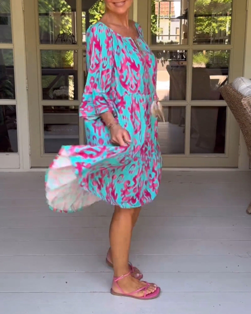 Red Print Three-Quarter Sleeve Dress