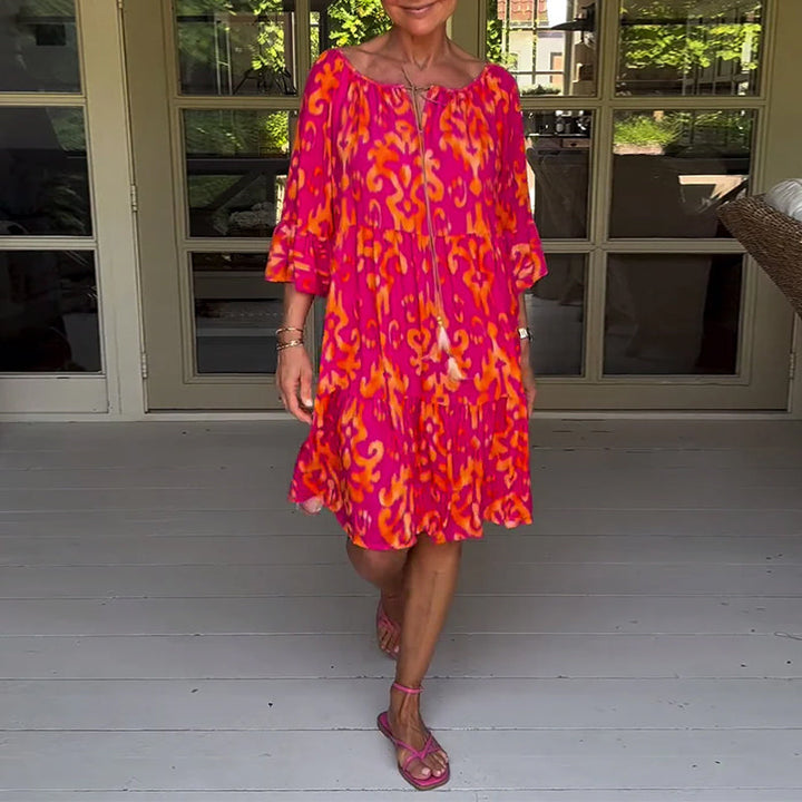 Red Print Three-Quarter Sleeve Dress