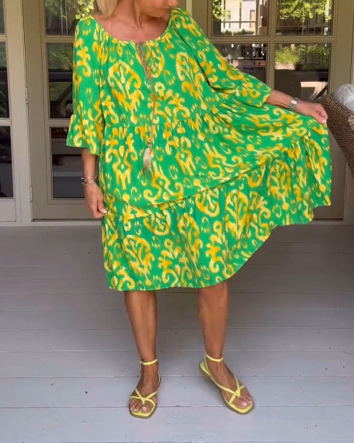 Red Print Three-Quarter Sleeve Dress