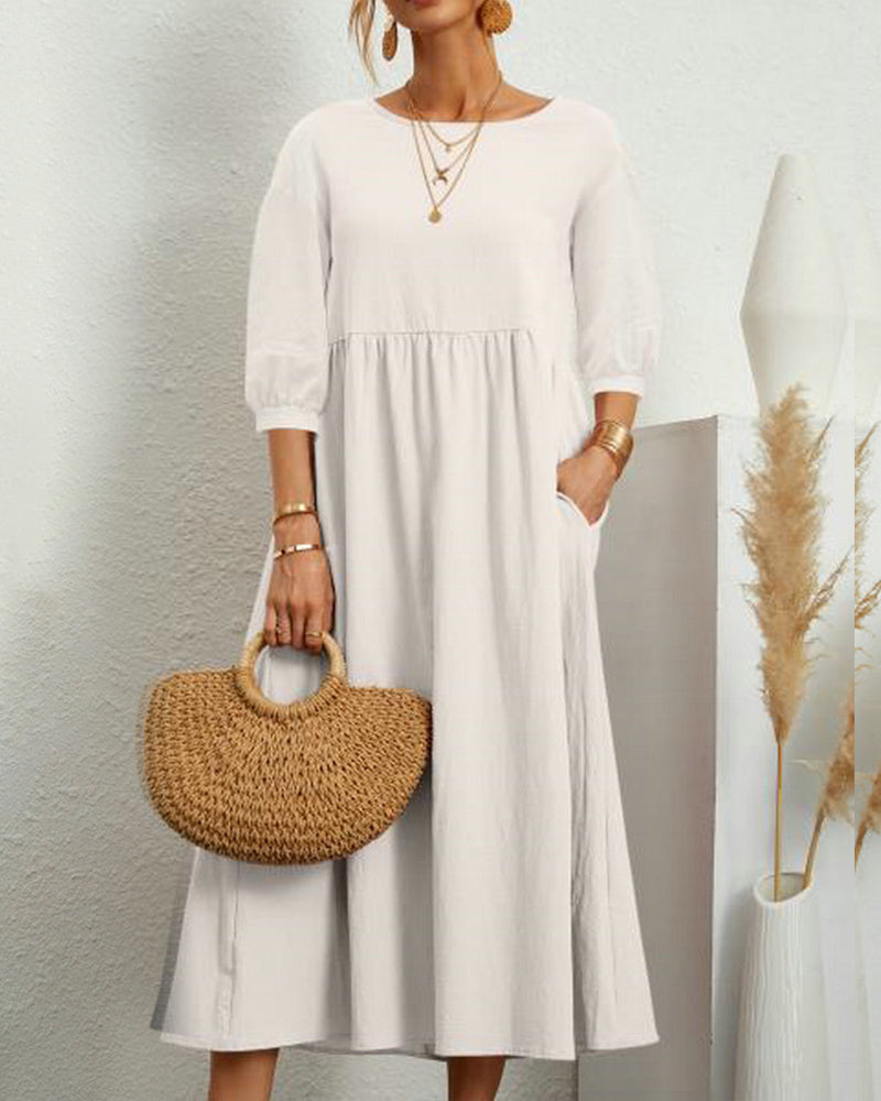 Solid-Colored Cotton and Linen Dress