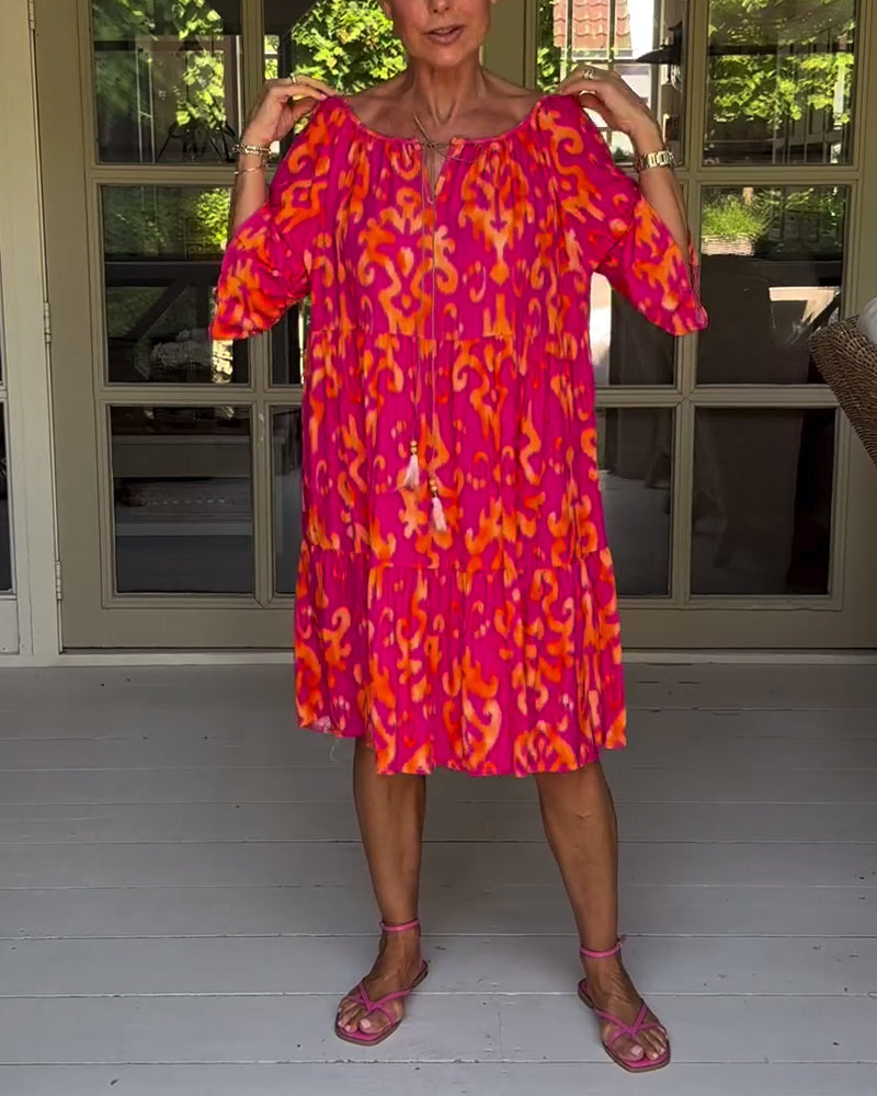 Red Print Three-Quarter Sleeve Dress