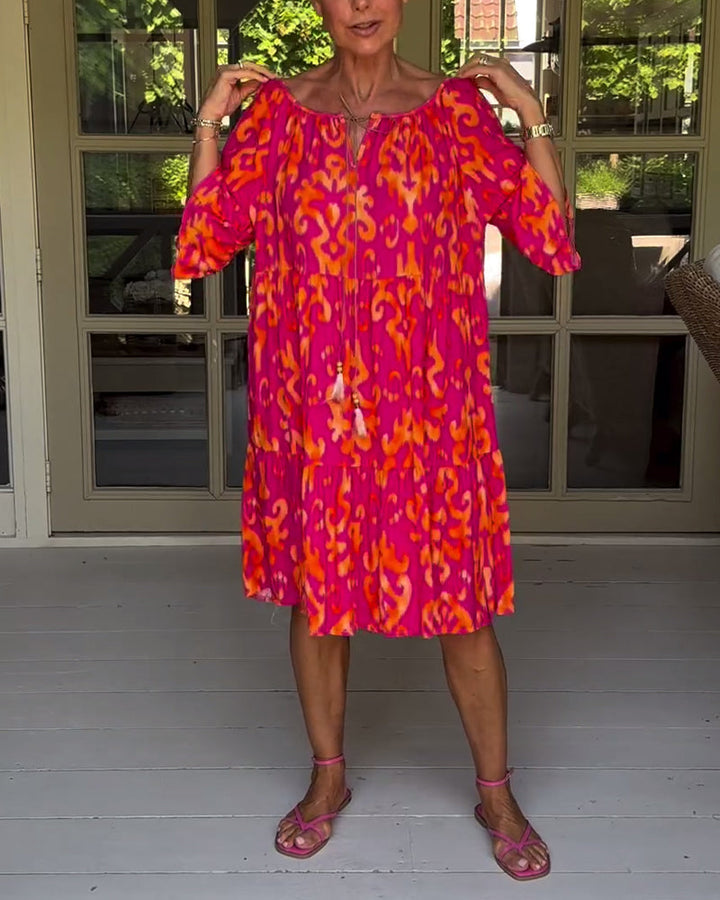 Red Print Three-Quarter Sleeve Dress