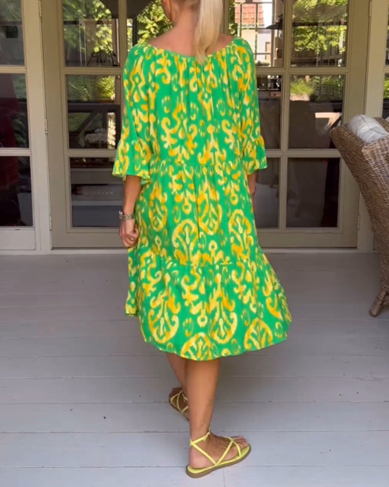 Red Print Three-Quarter Sleeve Dress