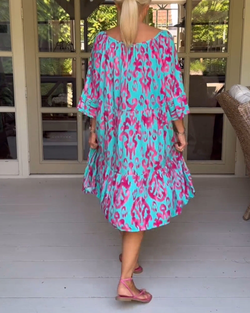 Red Print Three-Quarter Sleeve Dress