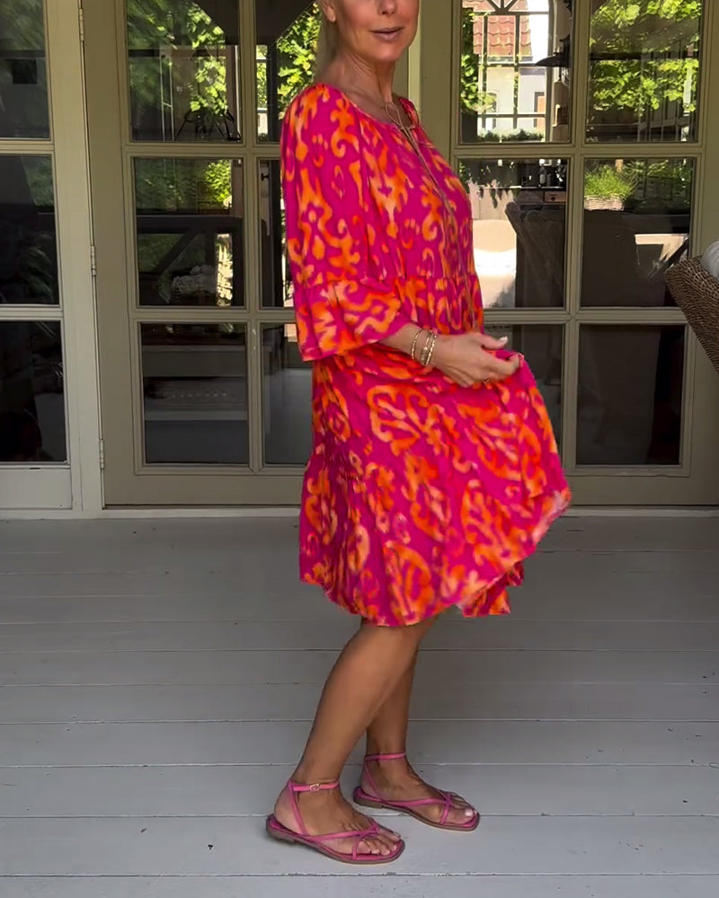 Red Print Three-Quarter Sleeve Dress