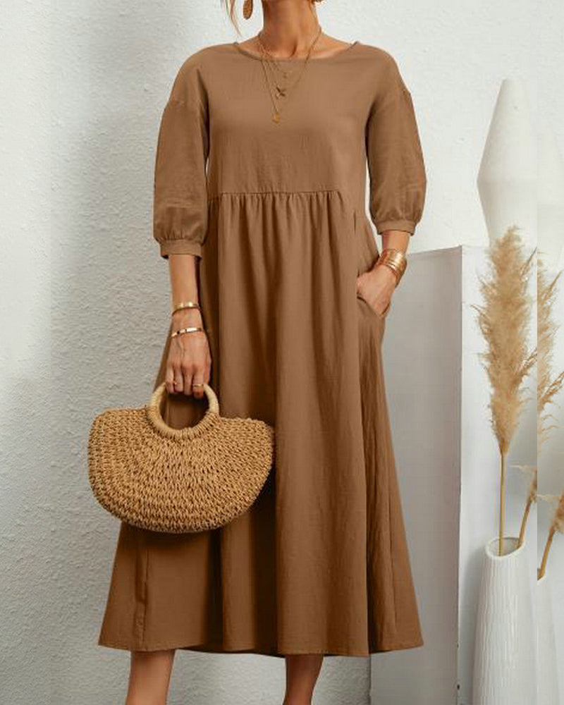 Solid-Colored Cotton and Linen Dress