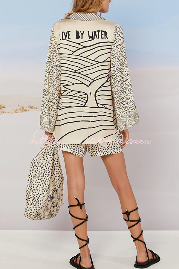 Live By Water Satin Unique Letter Print Tassle Shirt and Elastic Waist Shorts Set (Shipped Within 24 Hours)