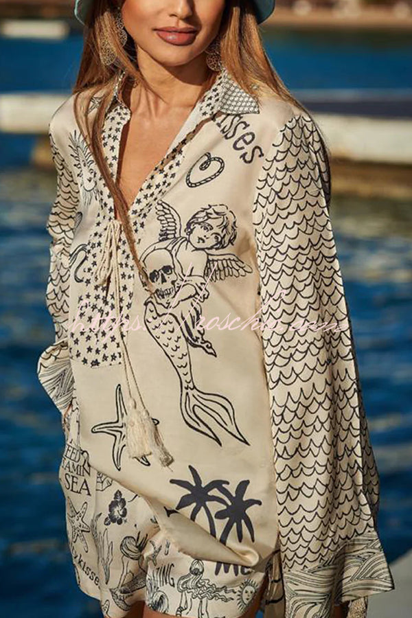 Live By Water Satin Unique Letter Print Tassle Shirt and Elastic Waist Shorts Set (Shipped Within 24 Hours)