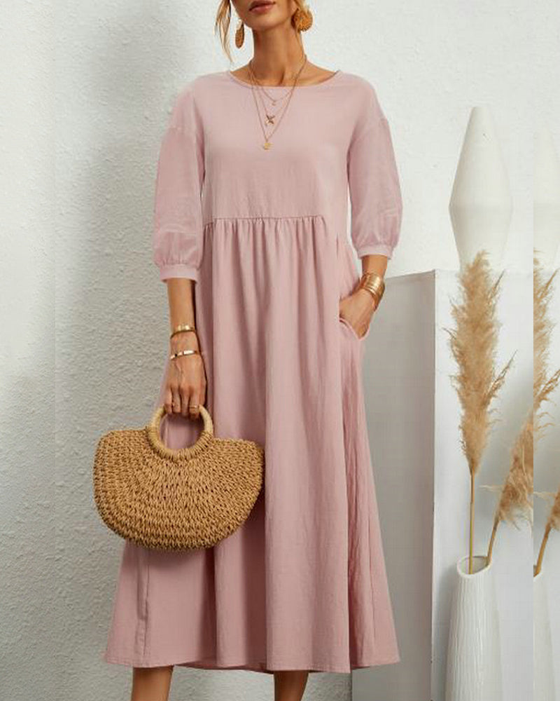 Solid-Colored Cotton and Linen Dress