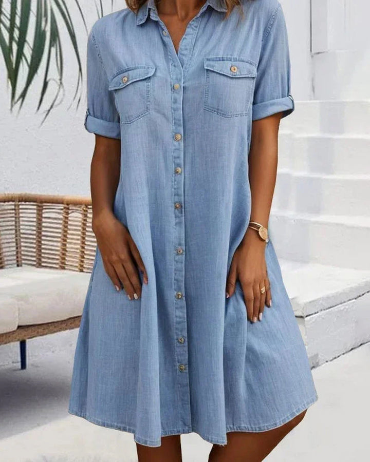 Short Sleeve Collar Solid Button Dress