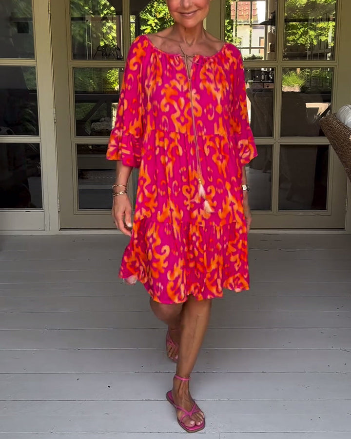 Red Print Three-Quarter Sleeve Dress