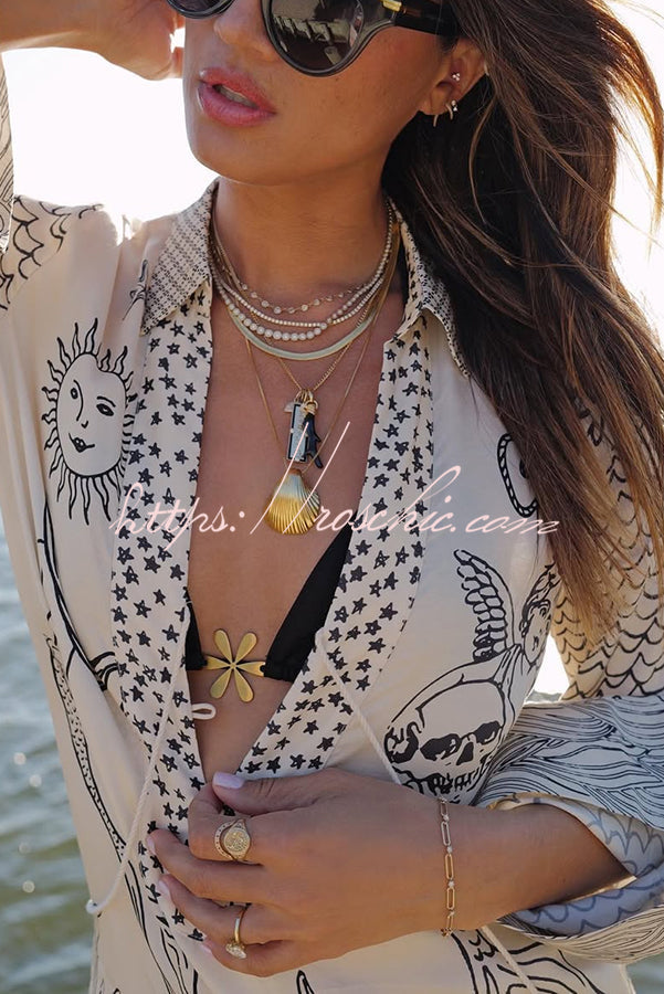 Live By Water Satin Unique Letter Print Tassle Shirt and Elastic Waist Shorts Set (Shipped Within 24 Hours)