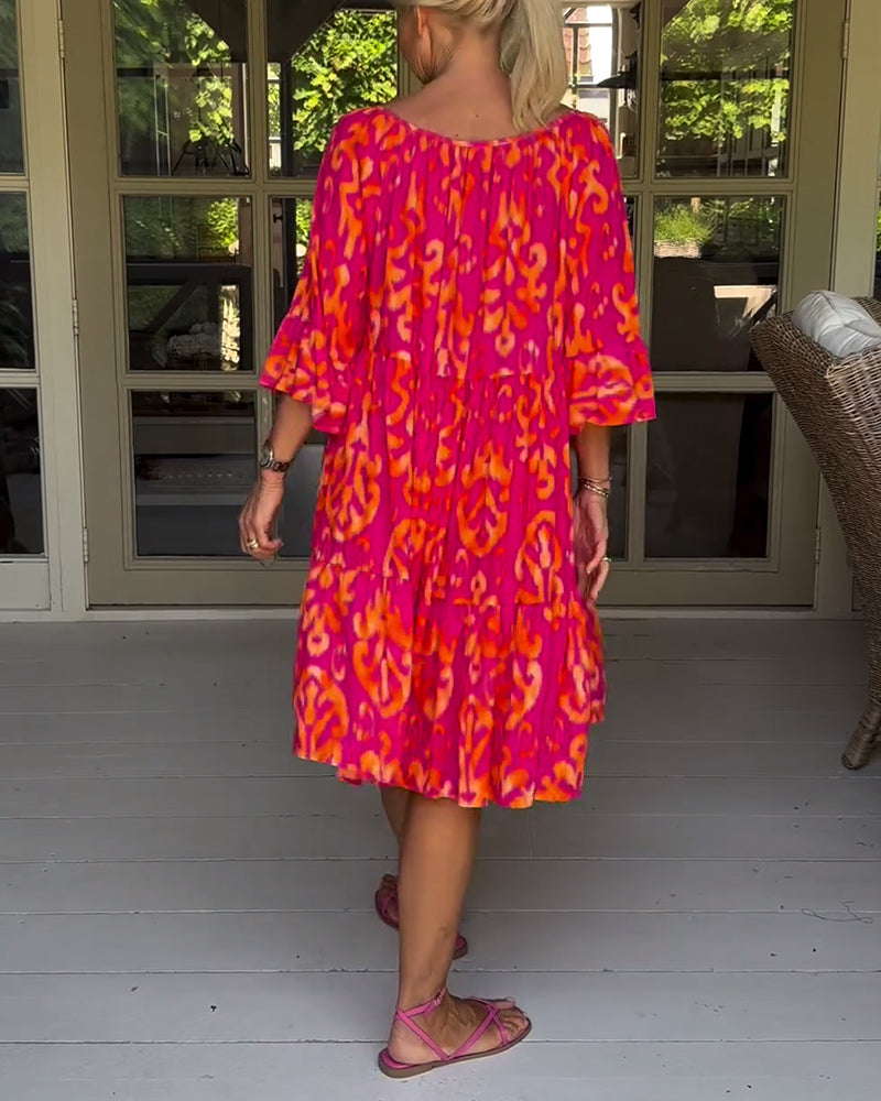 Red Print Three-Quarter Sleeve Dress