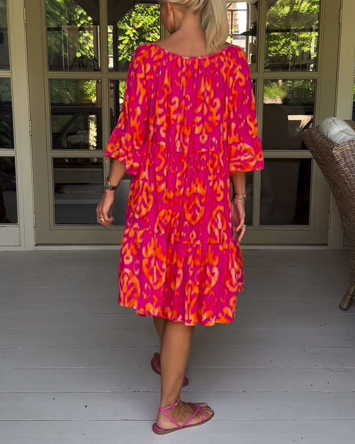 Red Print Three-Quarter Sleeve Dress
