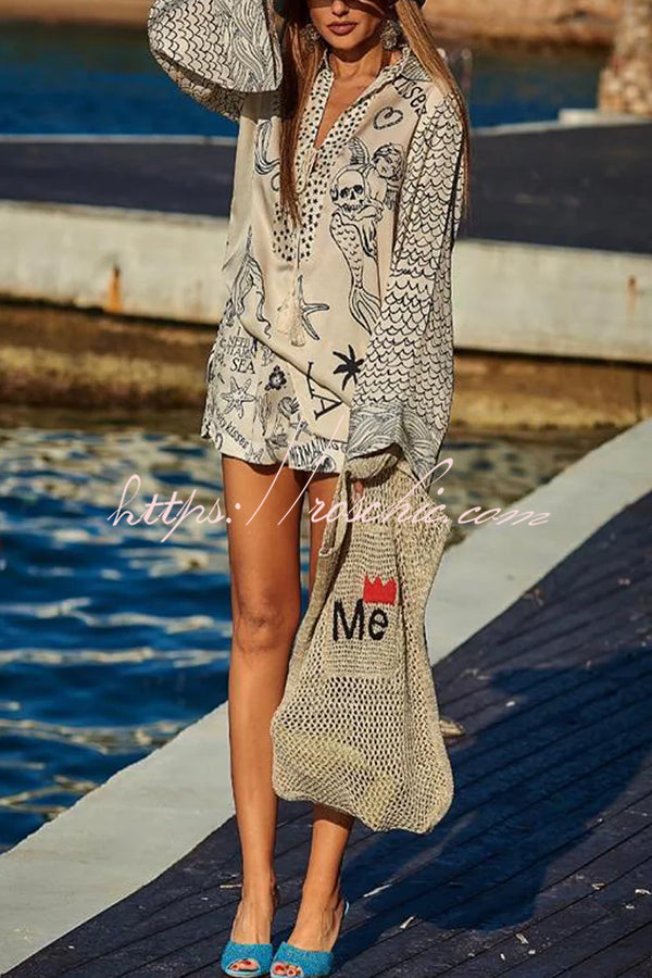 Live By Water Satin Unique Letter Print Tassle Shirt and Elastic Waist Shorts Set (Shipped Within 24 Hours)