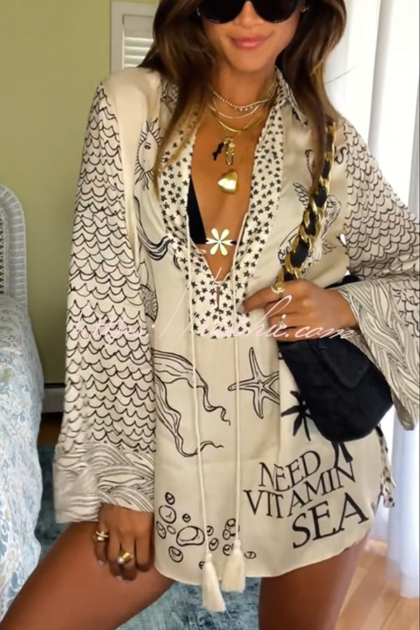 Live By Water Satin Unique Letter Print Tassle Shirt and Elastic Waist Shorts Set (Shipped Within 24 Hours)