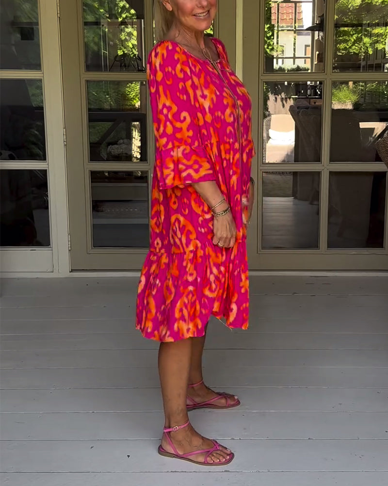 Red Print Three-Quarter Sleeve Dress